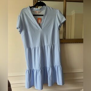 NWT Jude Connally Blue Tiered Ginger Pinstripe Cambray Dress Size L